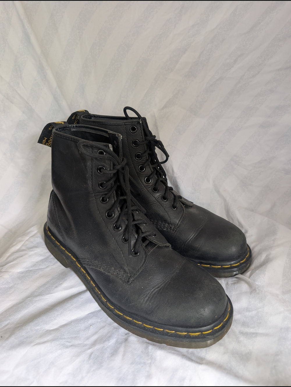 Dr. Martens Black Leather 8-Eye Lace-Up 1460 Boots with Yellow Welt Stitching